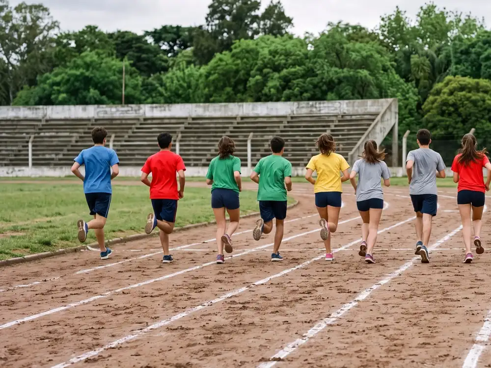 Chicos corriendo en una pista de atletismo escolar